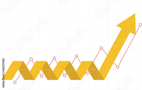 yellow bussiness arrow and graph stock market arrow sideway before growing pointing up on economic chart icon trending upwards financial board rises forex stock break up