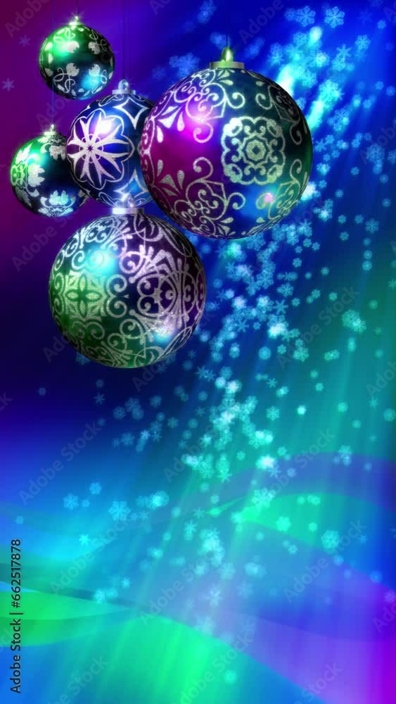 Christmas background loop with copy space. Vertical video. Decorations and snowflakes. Purple, green, blue. Christmas background loop with copy space. Vertical video. Decorations and snowflakes. Purple, green, blue.