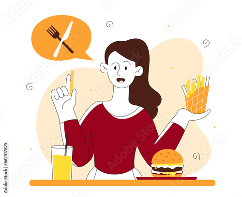 Woman with fast food vector line concept