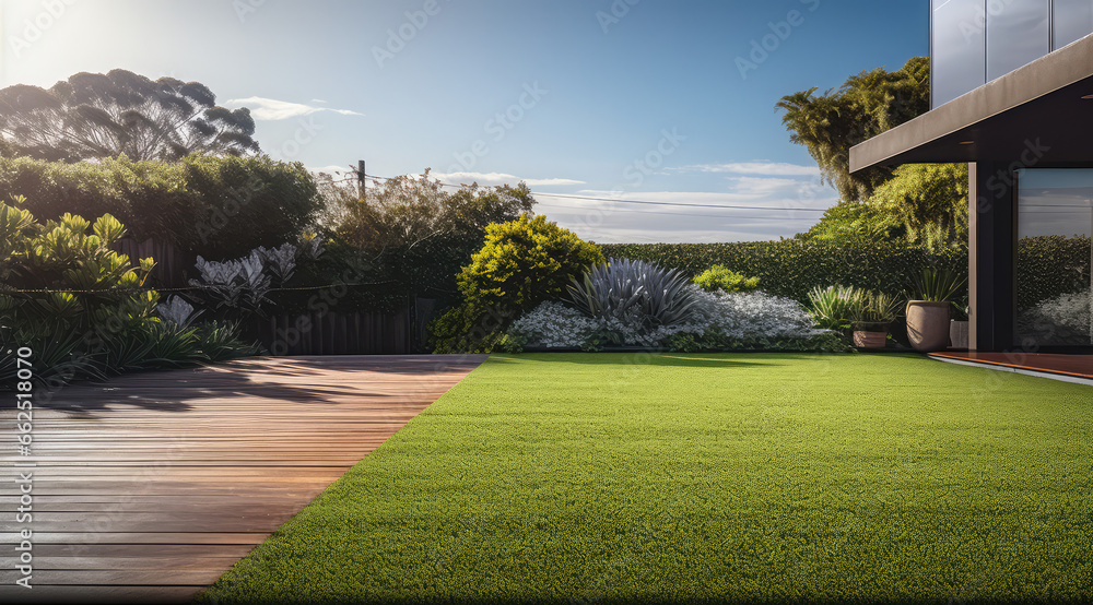 Contemporary Modern Australian House with Artificial Grass with Clean Design and Boundary Decoration, with a mini pool - obrazy, fototapety, plakaty 