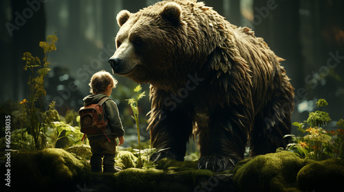 back view, boy and the cute bear walk on the green forest. Generative AI