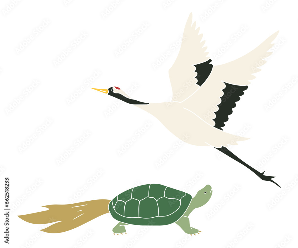 鶴亀のイラスト、鶴と亀のセット素材、ベクター Stock Vector | Adobe Stock