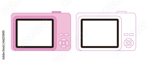 Illustration of cute, colorful, retro-style digital camera equipment objects.