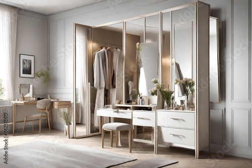 Modern dressing room interior with stylish clothes,  and large mirror © Malaika