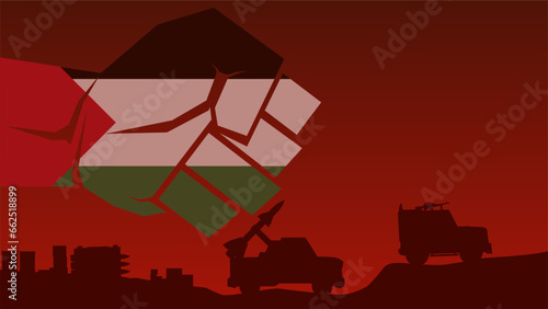 Palestinian conflict vector illustration. Military vehicle standby with fist of palestine flag. Landscape illustration of war for social issues, news, invasion and terrorism