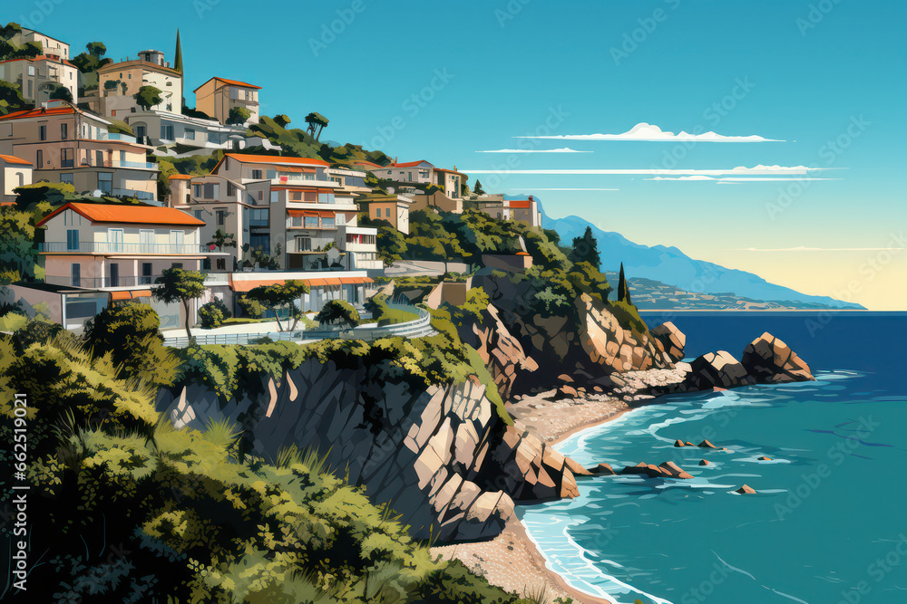 Vector Illustration of a cozy coastal Mediterranian Town, Generative AI