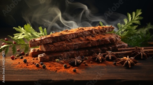 Smoked ribs and spces on wooden background UHD wallpaper Stock Photographic Image photo