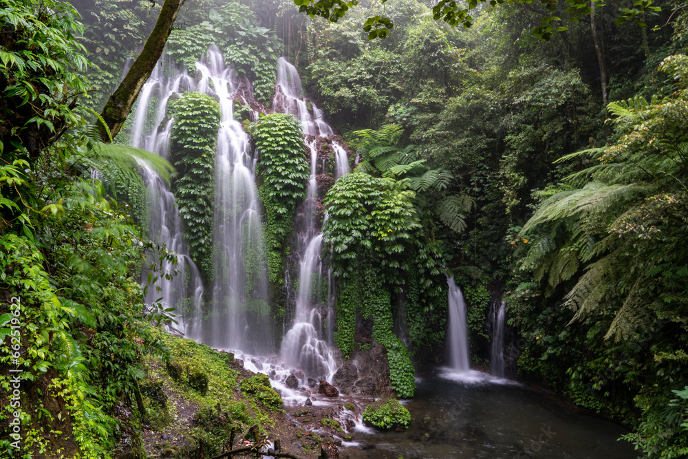 Naklejka premium Beautiful waterfall in the jungle of southeast asia. A stream of water falls from high cliffs, breaking into streams, creating fog. High humidity in the tropical forest of Bali.