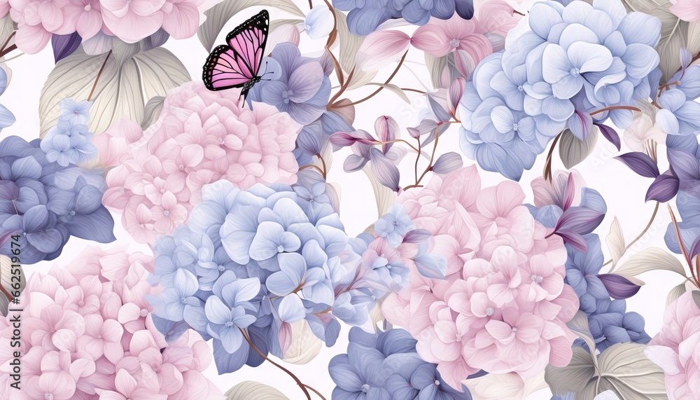 Obraz premium Big blue butterflies, hydrangea flowers bouquets in delicate pastel rose pink, beige, purple colors