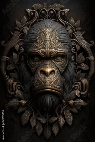 a gorilla wearing a golden mask with a floral pattern is a striking and awe-inspiring image. the ornate golden mask create a sense of majesty and power.