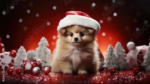 Small spitz puppy wearing Christmas hat