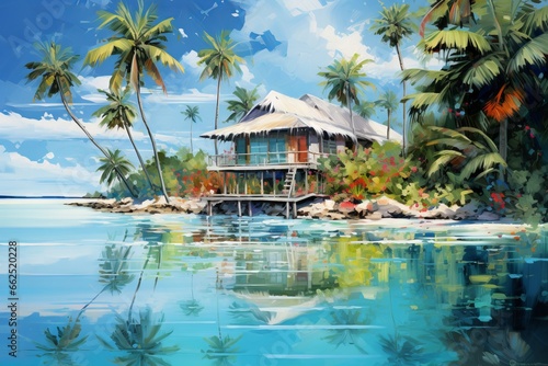 Vibrant Palette Knife Painting of Maldives Islands with Color Coding, Generative Ai Illustration