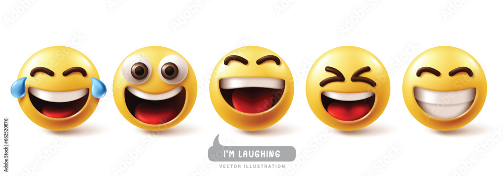 Emoji laughing emoticon characters vector set. Emojis emoticons characters with happy, laugh, fun, enjoy, cheerful and smiling facial expressions yellow graphic elements collection. Vector Emoji laughing emoticon characters vector set. Emojis emoticons characters with happy, laugh, fun, enjoy, cheerful and smiling facial expressions yellow graphic elements collection. Vector