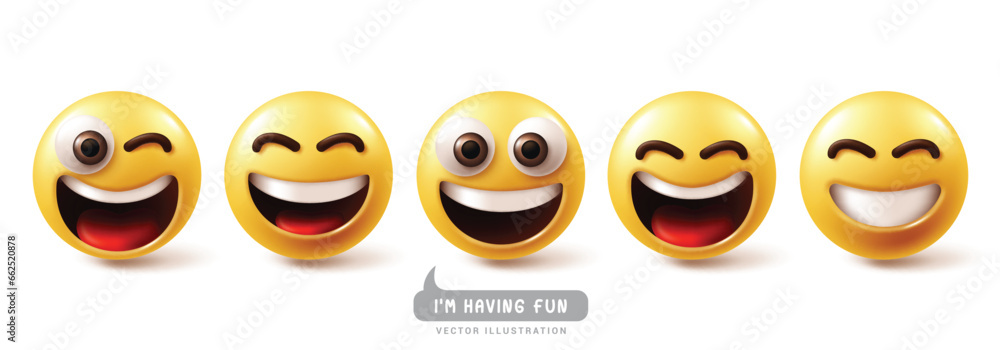Emoji funny emoticons characters vector set. Emojis emoticon with having fun face, laugh, happy, smiling, enjoy, cute and friendly facial expressions graphic character collection. Vector illustration Emoji funny emoticons characters vector set. Emojis emoticon with having fun face, laugh, happy, smiling, enjoy, cute and friendly facial expressions graphic character collection. Vector illustration