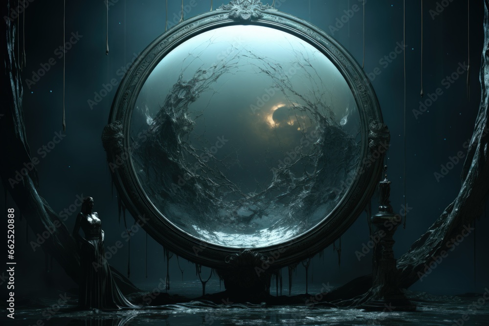 Cursed mirror spirits, trapped within reflective surfaces, offering glimpses of other worlds - Generative AI Cursed mirror spirits, trapped within reflective surfaces, offering glimpses of other worlds - Generative AI