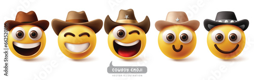 Emojis cowboy emoticon characters vector set. Emoji emoticon facial expression in happy, cool, smiling, funny, enjoy and naughty sheriff wearing hat character collection. Vector illustration emojis  photo