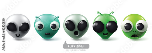 Emojis alien emoticons characters vector set. Emoji emoticons aliens, monster, creature in happy, smiling, cool and funny facial expression. Vector illustration emojis alien icon collection. 
