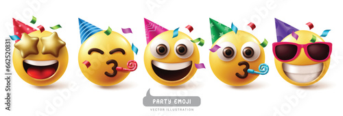 Emojis party birthday emoticon characters vector set. Emoji emoticon birthday clown, mascot, costume, happy, smiling and wearing hat character collection. Vector illustration emojis birthday party 