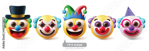Emojis clowns emoticon characters vector set. Emoji emoticons birthday clown, mascot, costume, joker and comedian facial expression character collection. Vector illustration emojis clown icon 