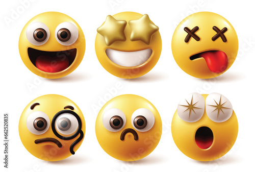 Emoji characters emoticon vector set. Emoticon emojis character in happy face, amaze, surprise, tired and clever facial expressions for 3d graphic icon collection. Vector illustration emojis set 