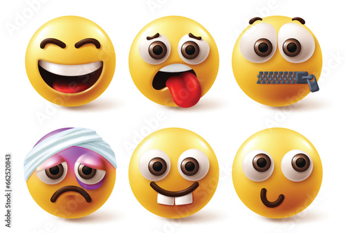 Emoji emoticon character vector set. Emoticon emojis facial expression in happy, hungry, silent, injured, bruises and shy faces and mood for graphic elements collection. Vector illustration emojis 
