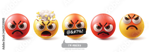 Emoji angry emoticon characters vector set. Emojis emoticons character with mad, explode, cruel, bad mood face, stress and shouting facial expressions in white background. Vector illustration emojis 