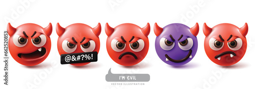 Emoji evil emoticon characters vector set. Emojis emoticons character with devil, bad, monster, scary and cute facial expression red and violet icon collection. Vector illustration emojis icon evil 