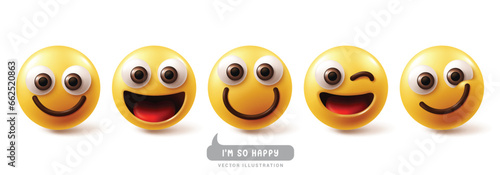 Emoji happy emoticon characters vector set. Emojis emoticons in happy, smile, funny, enjoy and smiling facial expressions with fun and joy feelings and reactions character collection. Vector 