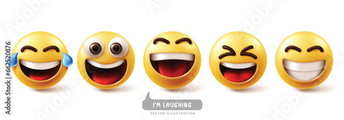 Emoji laughing emoticon characters vector set. Emojis emoticons characters with happy, laugh, fun, enjoy, cheerful and smiling facial expressions yellow graphic elements collection. Vector 