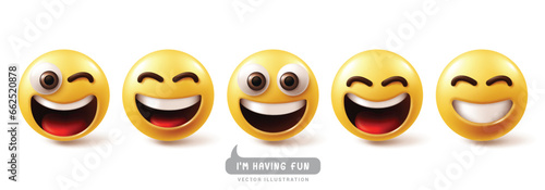 Emoji funny emoticons characters vector set. Emojis emoticon with having fun face, laugh, happy, smiling, enjoy, cute and friendly facial expressions graphic character collection. Vector illustration 
