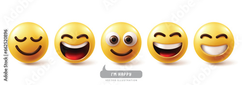 Emoji happy emoticon characters vector set. Emojis emoticons in enjoy, joyful, funny, and smiling facial expression yellow face collection. Vector illustration emojis happy icon collection.
