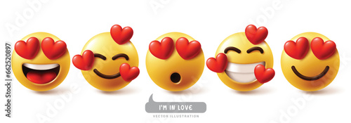 Emoji in love emoticon characters vector set. Emojis emoticons characters with in love, heart, lovely, happy and funny graphic elements collection. Vector illustration emojis in love icon collection.
