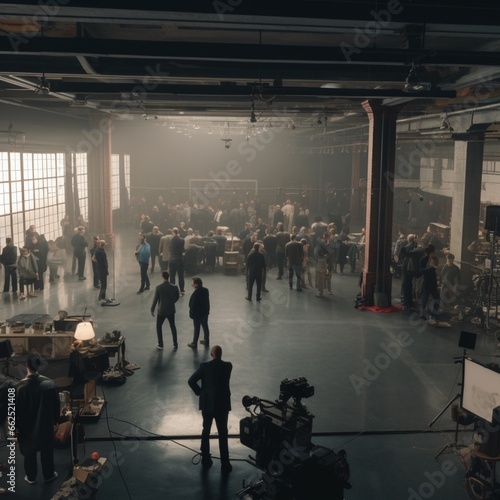 film set with a lot of people during filming