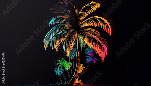 Creativity by neon palm tree isolated black  background  Ai generated image