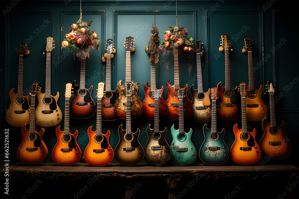 Naklejka premium A collection of guitars in various shapes and finishes, generative AI