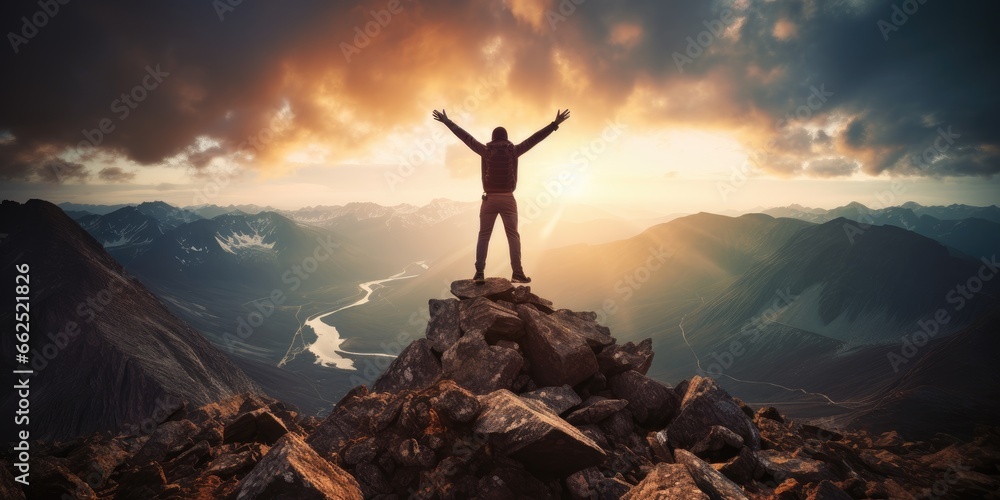 Silhouette of man jump on top of the mountain. business successful, victory triumph concept. Generative AI - obrazy, fototapety, plakaty 