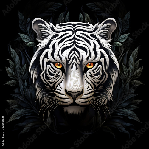 2D Abstract black-white leaf tiger head on black background. Generative AI