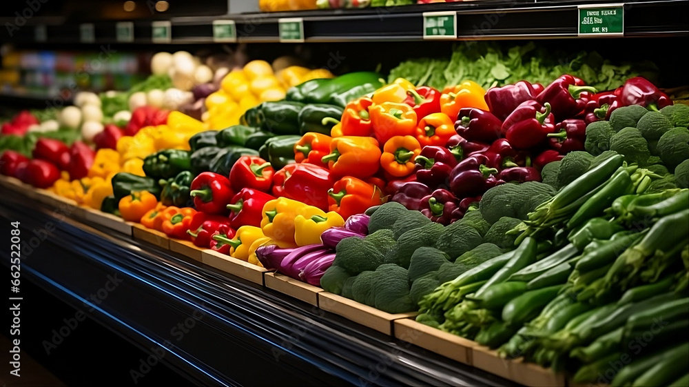 Photograph a vibrant display of various fruits and vegetables in the refrigerated section, highlighting the appeal of fresh and colorful produce.