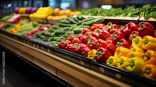 Photograph a vibrant display of various fruits and vegetables in the refrigerated section, highlighting the appeal of fresh and colorful produce. © Bi