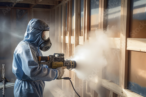 Man worker using plural component gun to spray polyurethane foam inside wooden frame house