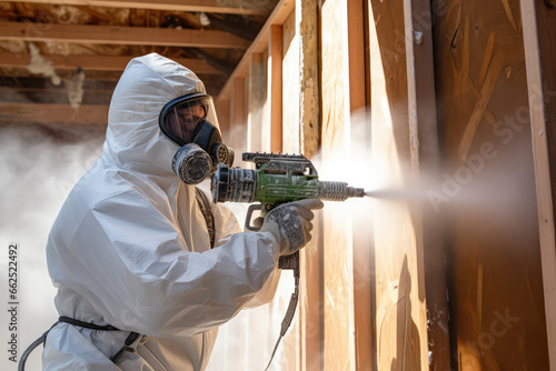 Man worker using plural component gun to spray polyurethane foam inside wooden frame house photo