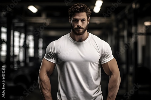 Fitness model in the gym wearing an all-white t-shirt for logo application