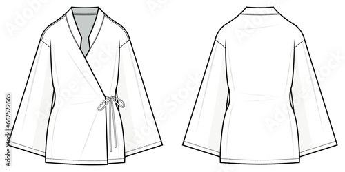 Women's Kimono Cardigan lat technical fashion illustration. Kimono vector template illustration. front and back view. regular fit. drop shoulder. Women's. white color. CAD mockup.