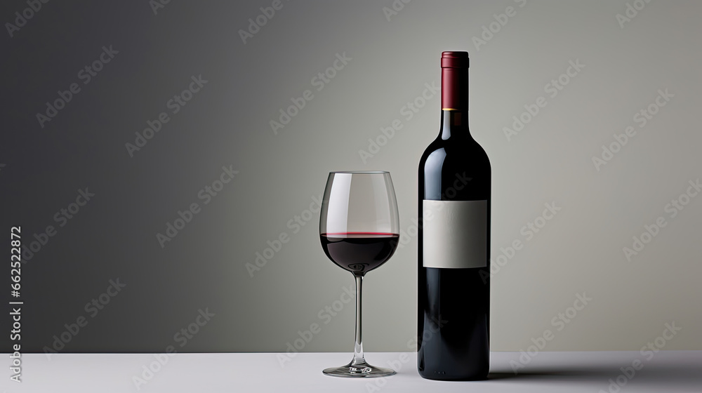 Red wine bottle with a glass on a simple gray empty background Red wine bottle with a glass on a simple gray empty background