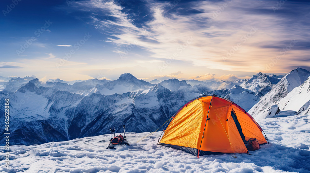 Orange tent in the snow with mountains and sunset in the background