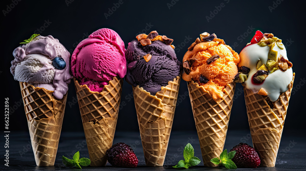 Variants of ice cream with berries in a waffle cup on a black background