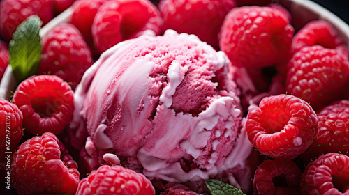 Balls of pink ice cream with raspberries close-up