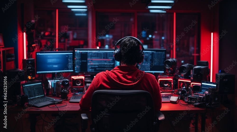 studio of a coder with monitors, laptops, mobile, haedphones, computer chair in red and blue neon lights studio of a coder with monitors, laptops, mobile, haedphones, computer chair in red and blue neon lights