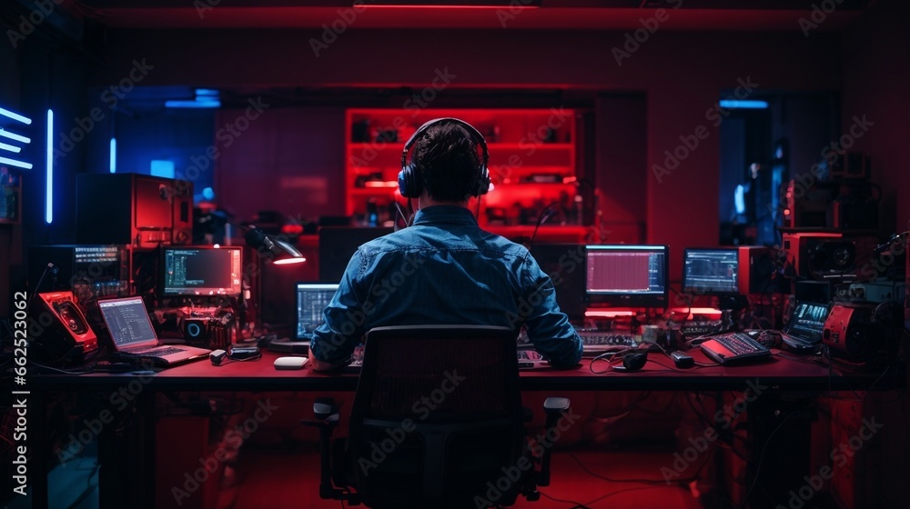 studio of a coder with monitors, laptops, mobile, haedphones, computer chair in red and blue neon lights