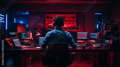 studio of a coder with monitors, laptops, mobile, haedphones, computer chair in red and blue neon lights